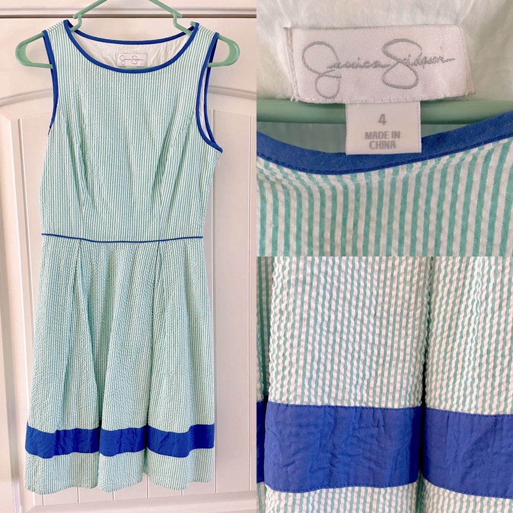 Jessica Simpson - Seersucker Seafoam Green & Blue Dress - Size 4
